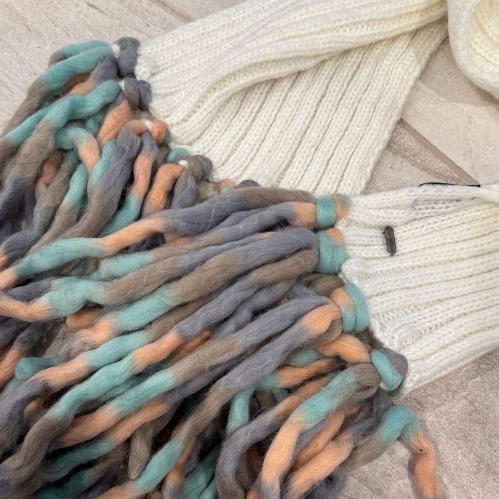 Steve Madden Cream Scarf with Green and Brown Fringe - Picture 5 of 6